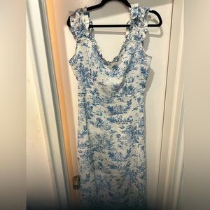 Cider Toile de Jouy Ruffle Trim Slit Midi Dress in blue and white XL